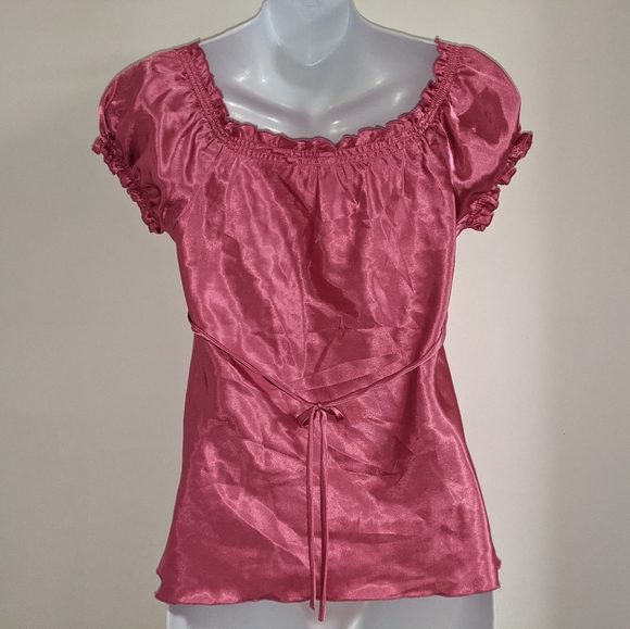 Satin pink puff sleeve gathered ruffle blouse surplice babydoll waist tie top - Picture 2 of 5